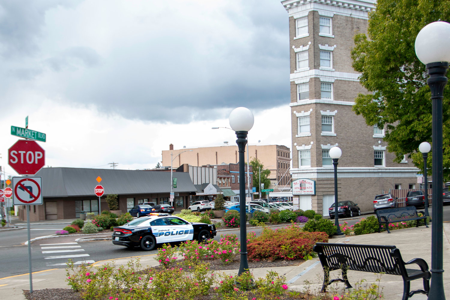 A Chehalis Police Department patrol car passes through the downtown area in this Chronicle file photo.